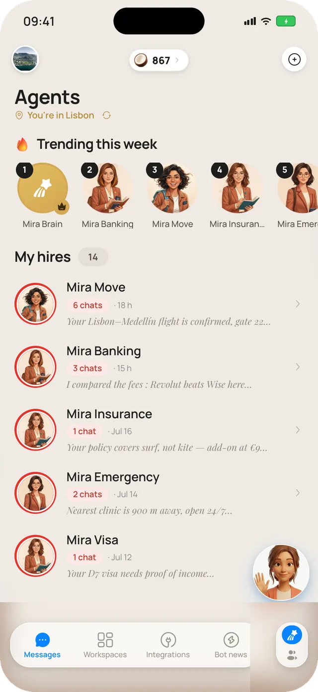 The Mira Chat Agents screen: hired AI agents — Mira Move, Mira Banking, Mira Insurance — each with its latest exchange