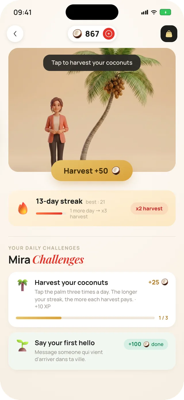 The coconuts screen in Mira Chat: a coconut tree to shake for the daily harvest, an active streak and daily challenges