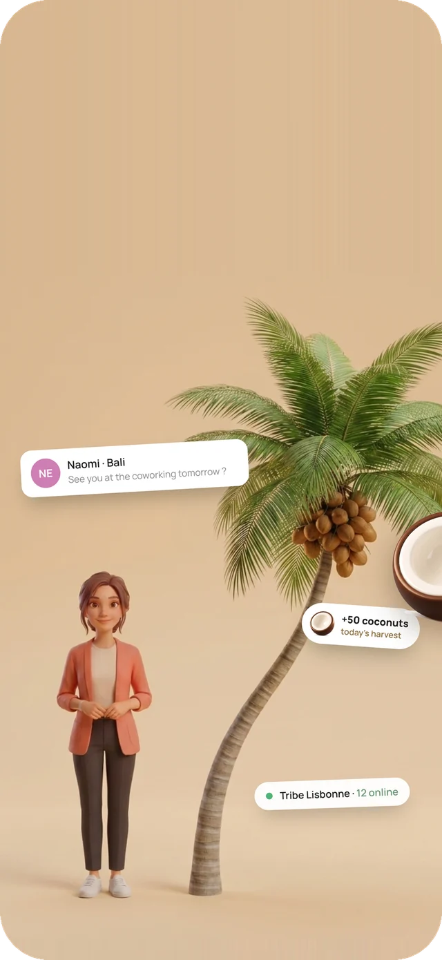 Mira, the app's 3D companion, standing next to a coconut palm: a notification from Naomi in Bali, today's harvest and the Lisbon Tribe with 12 members online