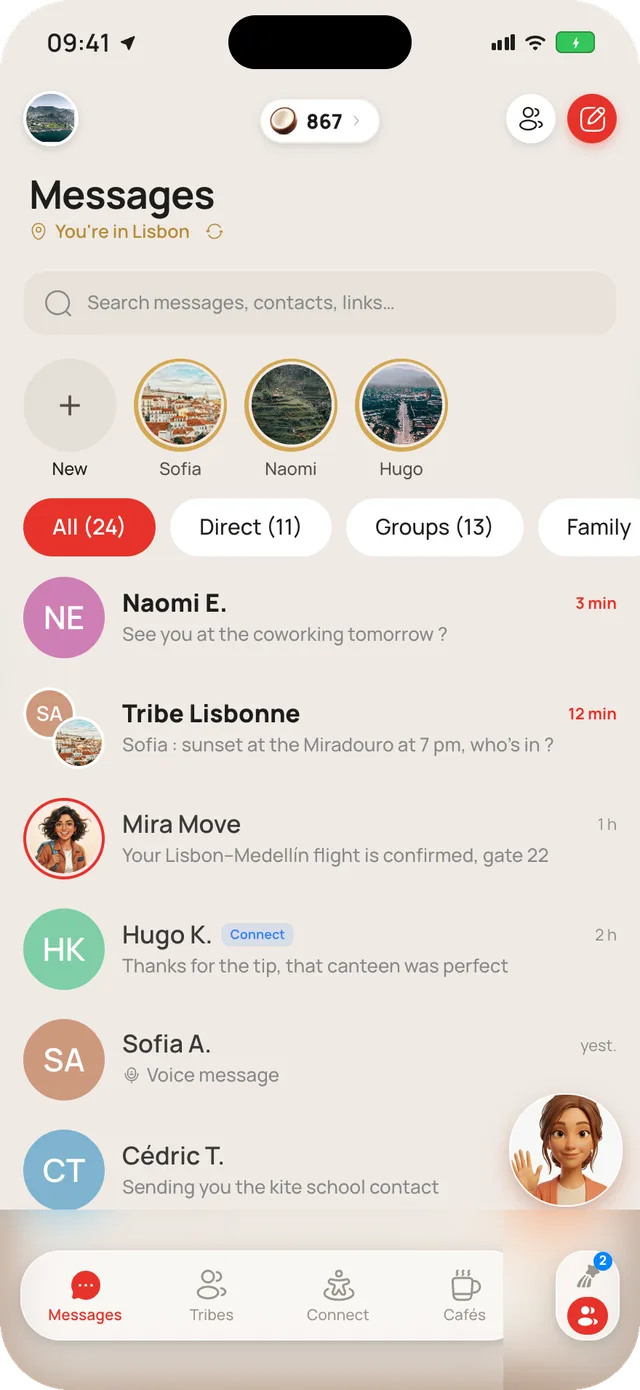 The Mira Chat Messages screen: private and Tribe conversations, All / Private / Group filters, and a search bar