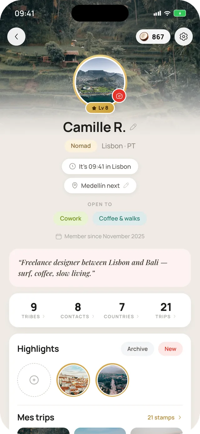 A Mira Chat profile: current city and local time, next destination, openness tags, travel stats and featured memories