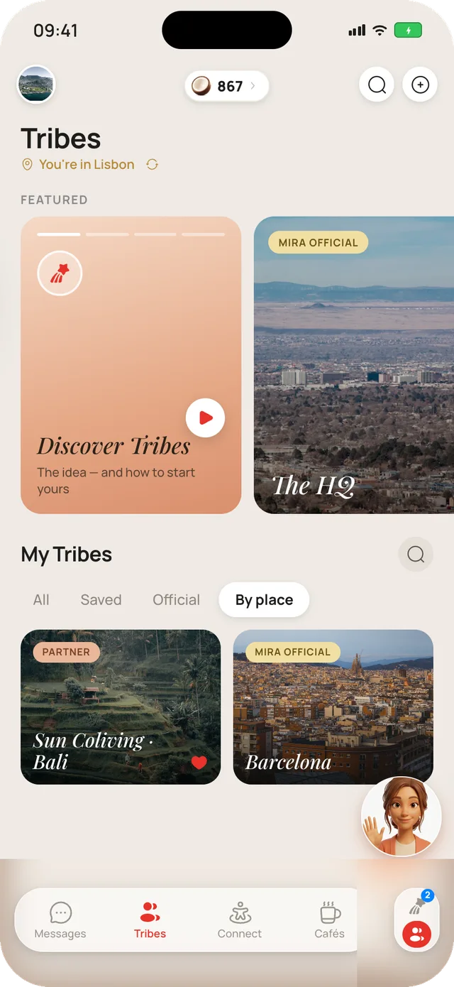 The Mira Chat Tribes screen: official and partner Tribes sorted by place, with city artwork