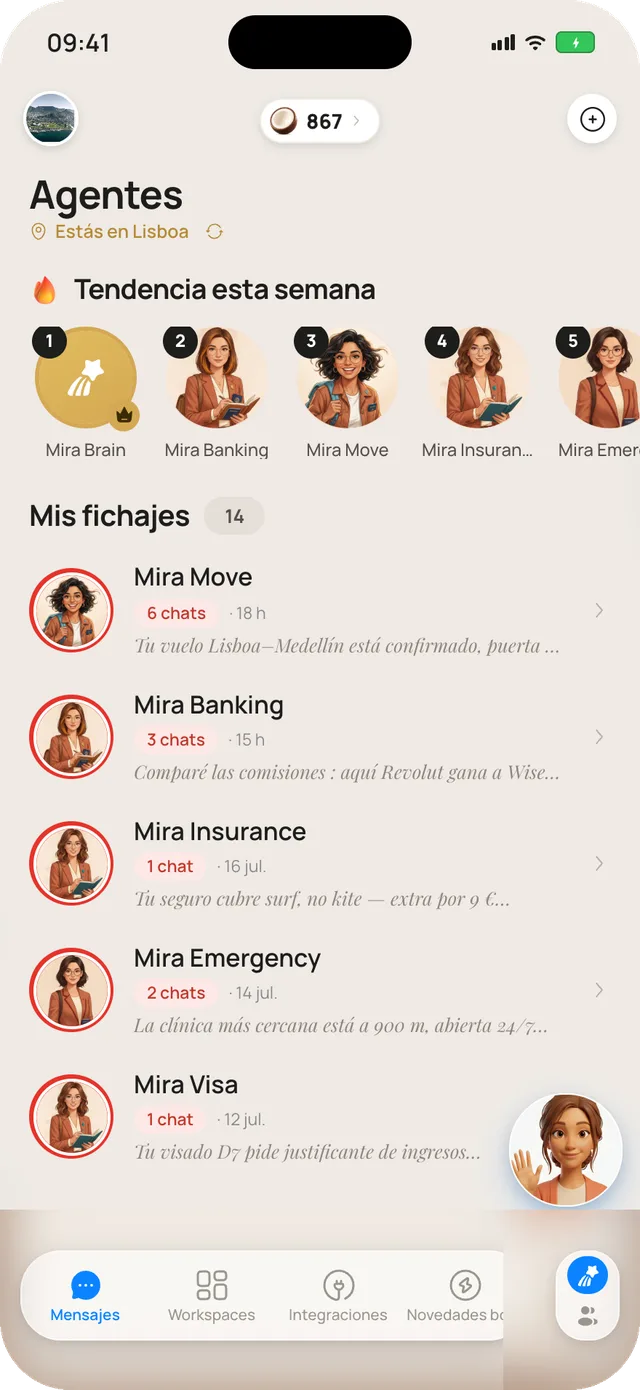 La pantalla de Agentes de Mira Chat: agentes de IA contratados — Mira Move, Mira Banking, Mira Insurance — con el último intercambio de cada uno