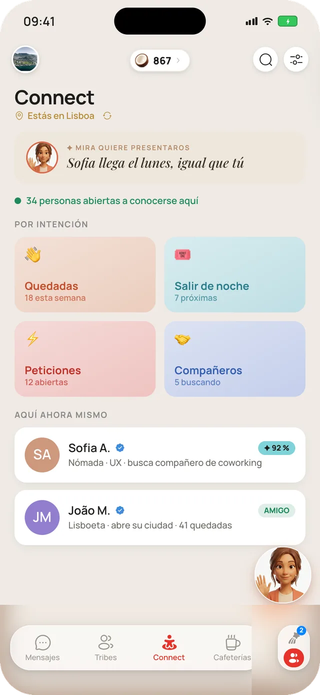La pantalla Connect de Mira Chat: personas abiertas a conocer gente en la ciudad, ordenadas por intención, con insignias de perfil verificado