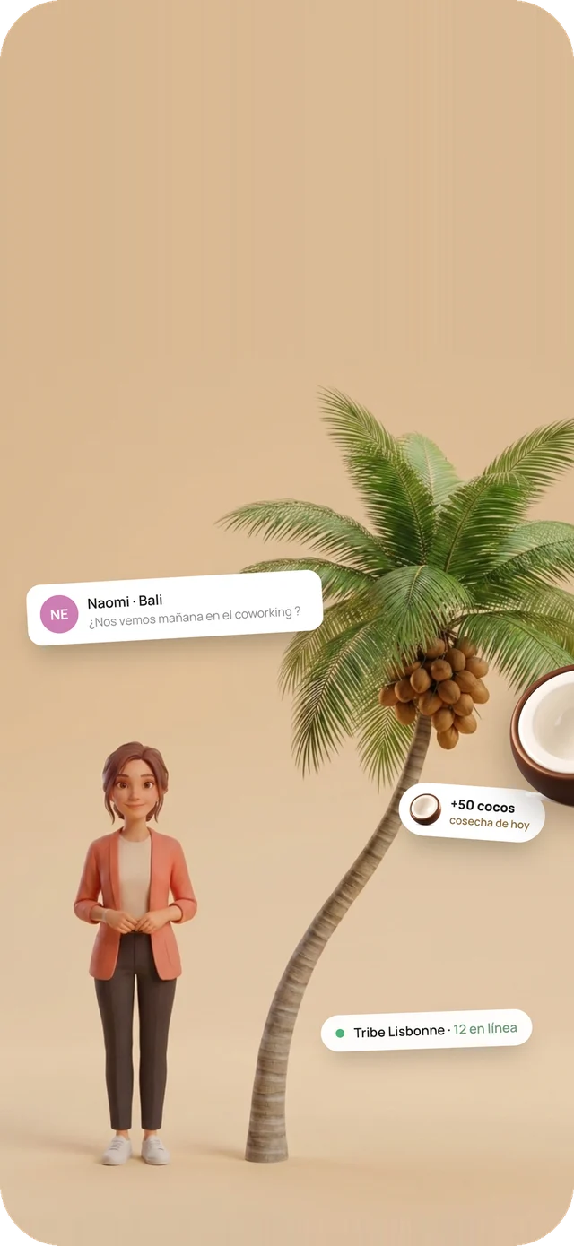 Mira, la compañera 3D de la app, junto a un cocotero cargado de cocos: una notificación de Naomi desde Bali, la recogida del día y la Tribe de Lisboa con 12 miembros en línea