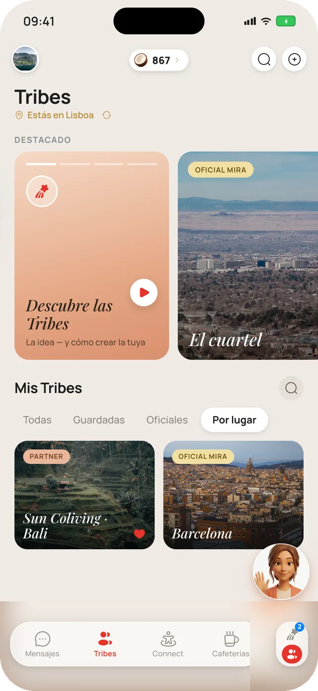 La pantalla de Tribes de Mira Chat: Tribes oficiales y asociadas, ordenadas por lugar, con las imágenes de las ciudades