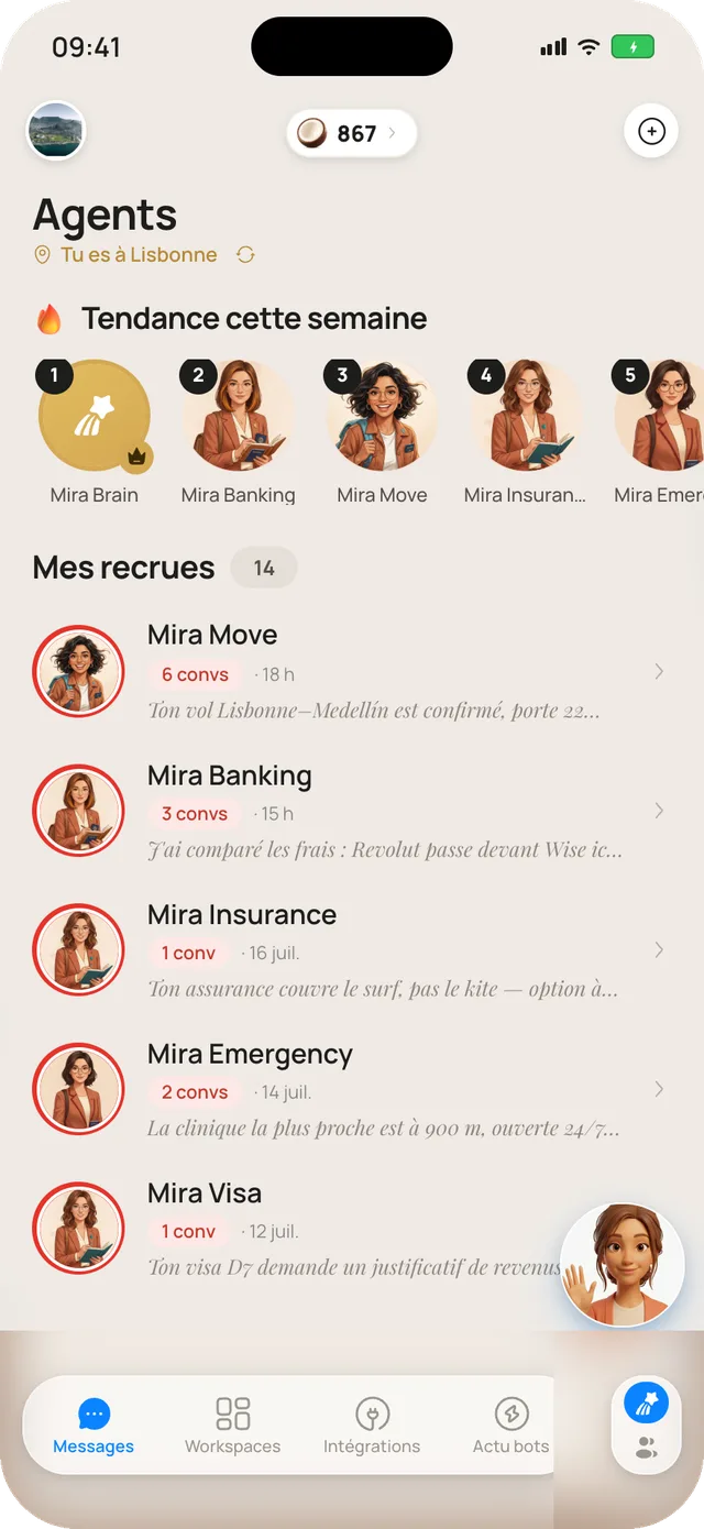 L'écran Agents de Mira Chat : agents IA recrutés — Mira Move, Mira Banking, Mira Insurance — avec le dernier échange de chacun