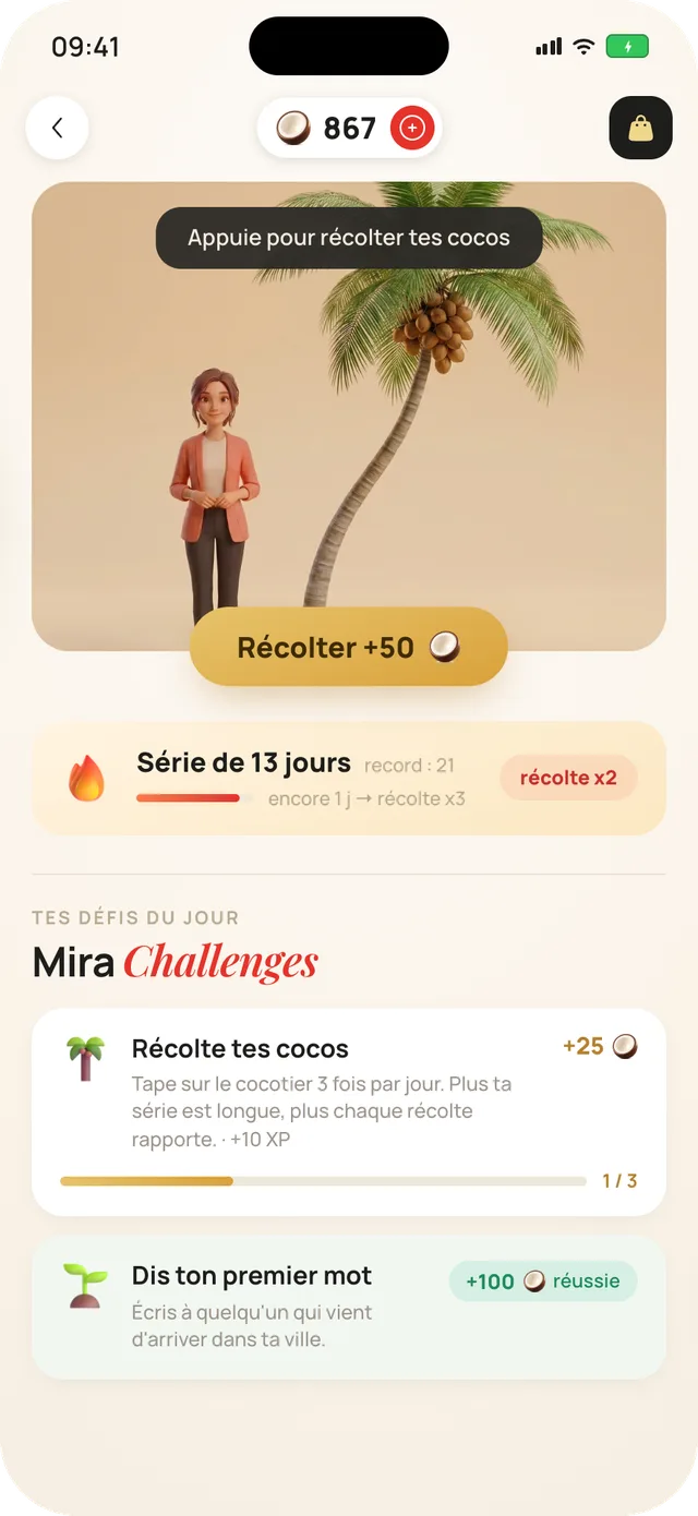 L'écran des cocos dans Mira Chat : cocotier à secouer pour la récolte du jour, série en cours et défis quotidiens