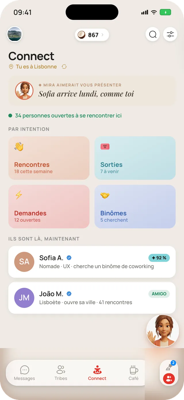 L'écran Connect de Mira Chat : personnes ouvertes à se rencontrer dans la ville, classées par intention, avec des badges de profil vérifié
