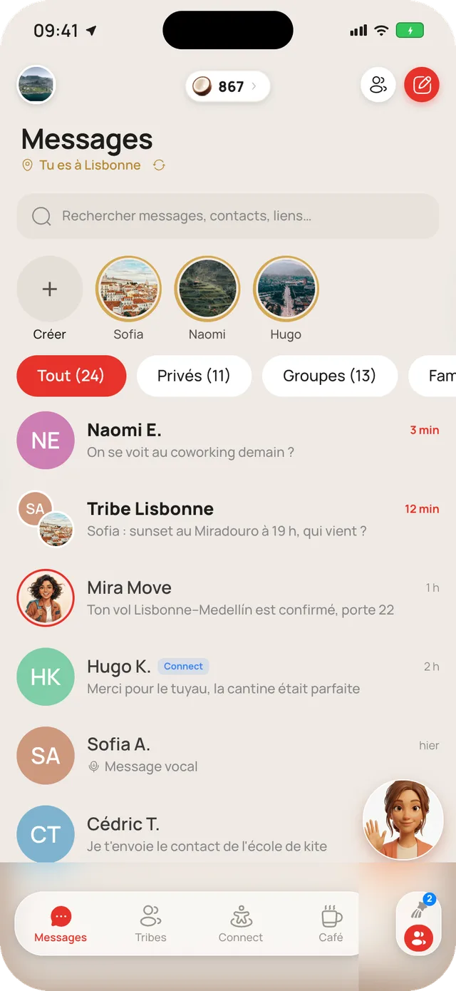 L'écran Messages de Mira Chat : conversations privées et de Tribe, filtres Tout / Privés / Groupes, et une barre de recherche