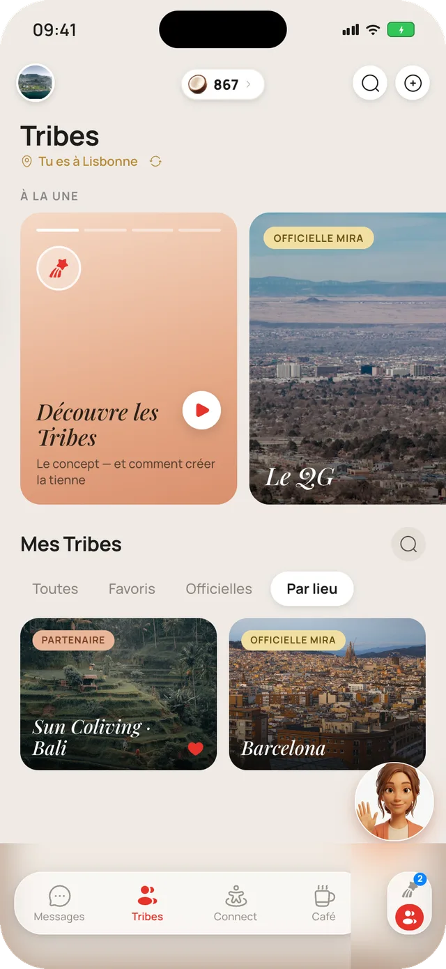 L'écran Tribes de Mira Chat : Tribes officielles et partenaires, classées par lieu, avec les visuels des villes