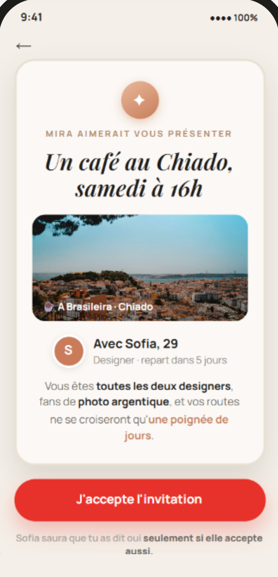 Der Connect-Bildschirm auf einem Handy: Mira schlägt vor, einen anderen Nomaden auf einen Kaffee zu treffen — sichtbar nur wenn beide Ja sagen